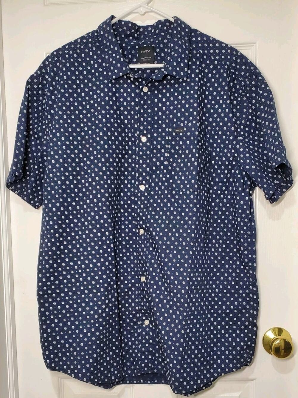 RVCA Button Up Shirt Mens XXL Blue Floral Dot Short Sleeve Cotton Casual